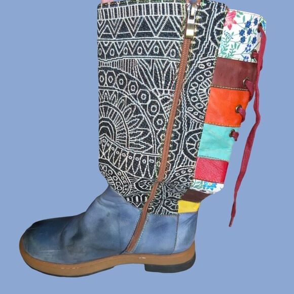 Socofy Bohemian Splicing Pattern Blue Leather Side Zip Back Lace Boot Size 7 7.5 - Picture 9 of 12